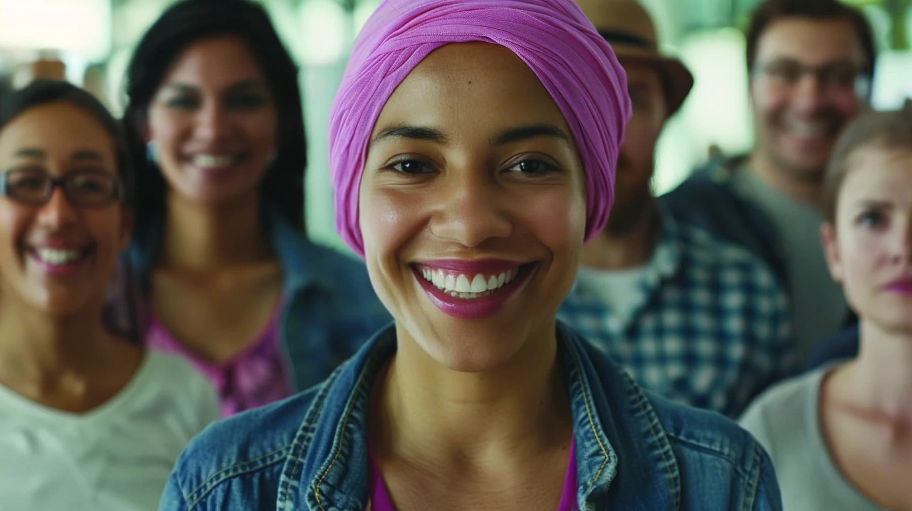 Une femme souriante entourée d’autres femmes, visuel de la brochure